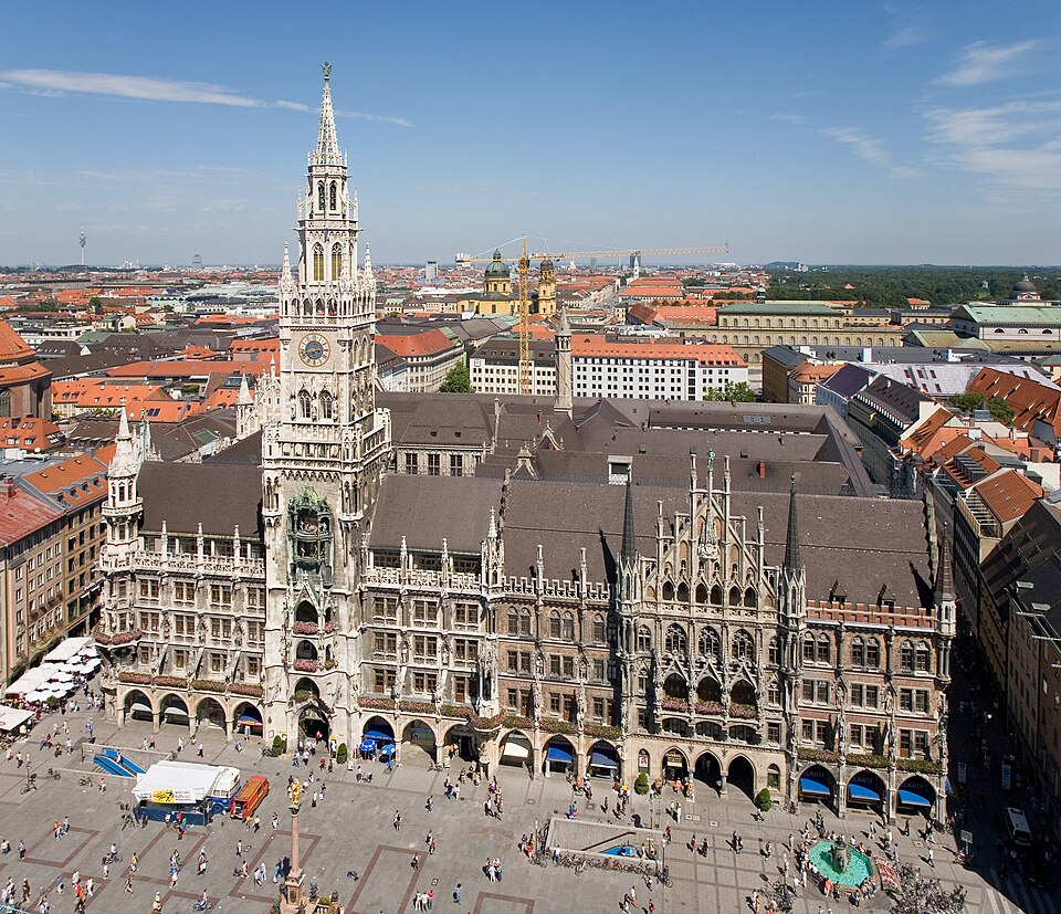 Marienplatz and the neo-Gothic New Town Hall of Munich viewed from above.